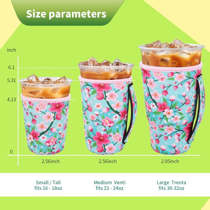 Snowso 3 Pack Iced Coffee sleeve Insulated Neoprene Cup Sleeves with handle For Cold Drinks Beverages, Reusable Cup Holder for 16oz-32oz Coffee Cups (Cherry Blossom) - Image 2